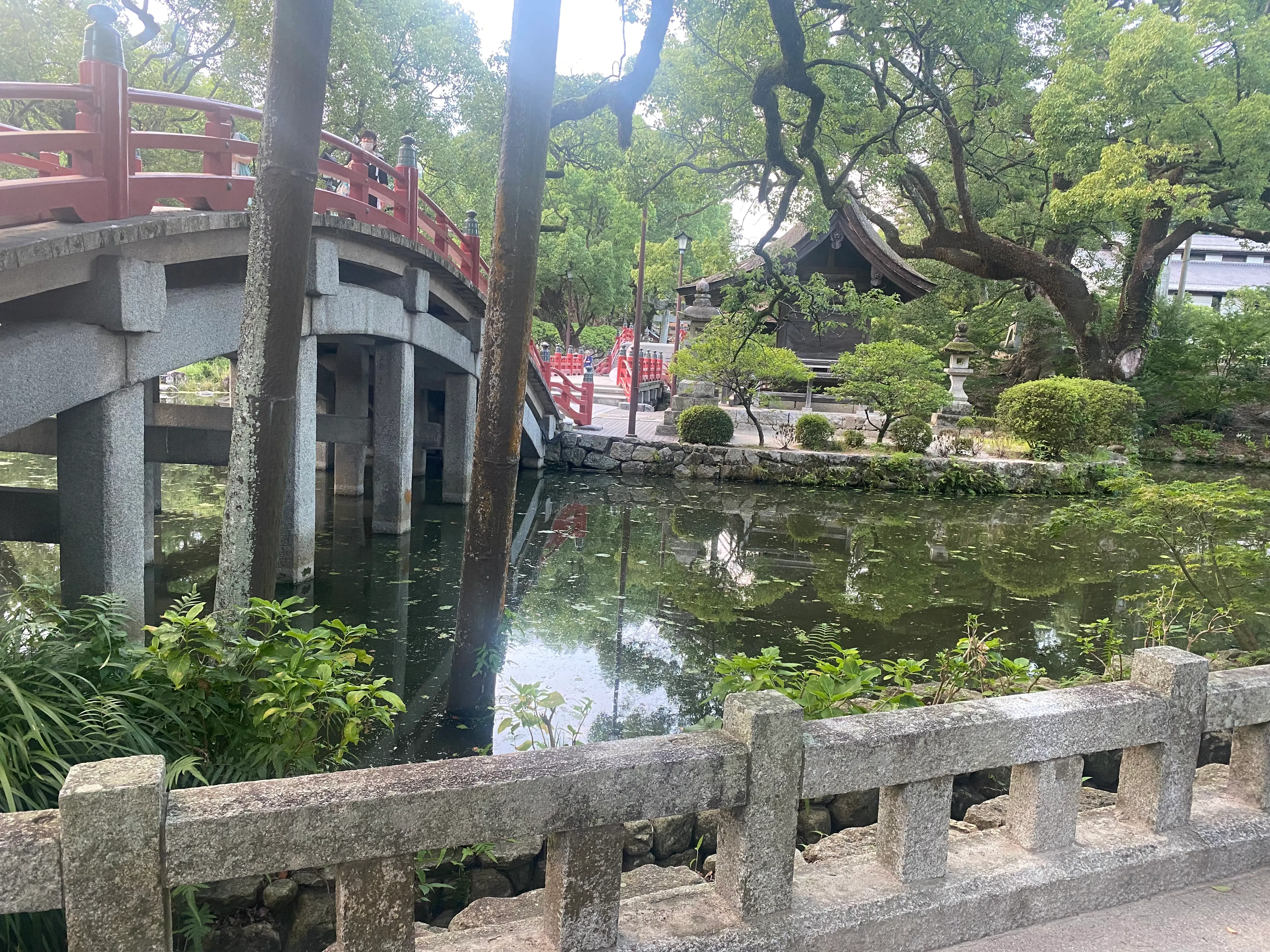 A vermilion bridge crossing the pond beneath trees at Dazaifu Tenmangu